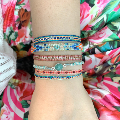 ORANGE & BLUE HANDWOVEN BRACELET WITH SILVER FACETED BEADS DETAILS