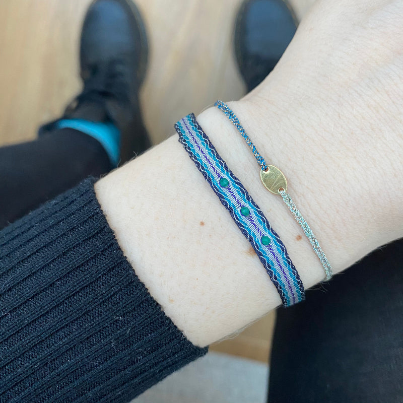 HANDWOVEN BRACELET WITH IN BLACK TONES THREE GREEN ONYX STONES