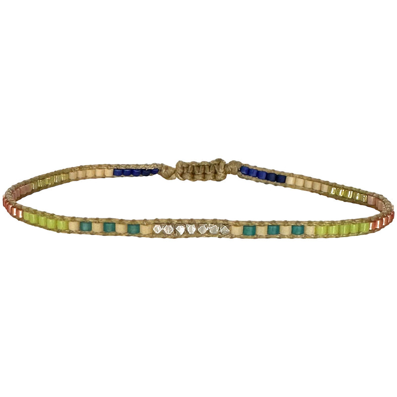 HANDMADE BEADED BRACELET IN GREEN AND BLUE TONES WITH SILVER DETAIL