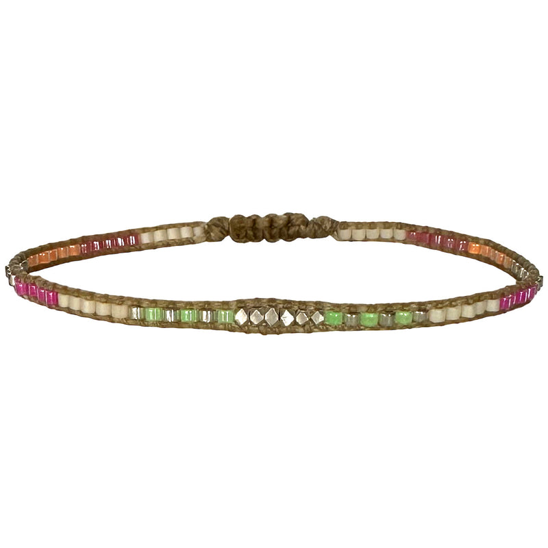 HANDMADE BEADED BRACELET IN NEON TONES WITH SILVER DETAIL