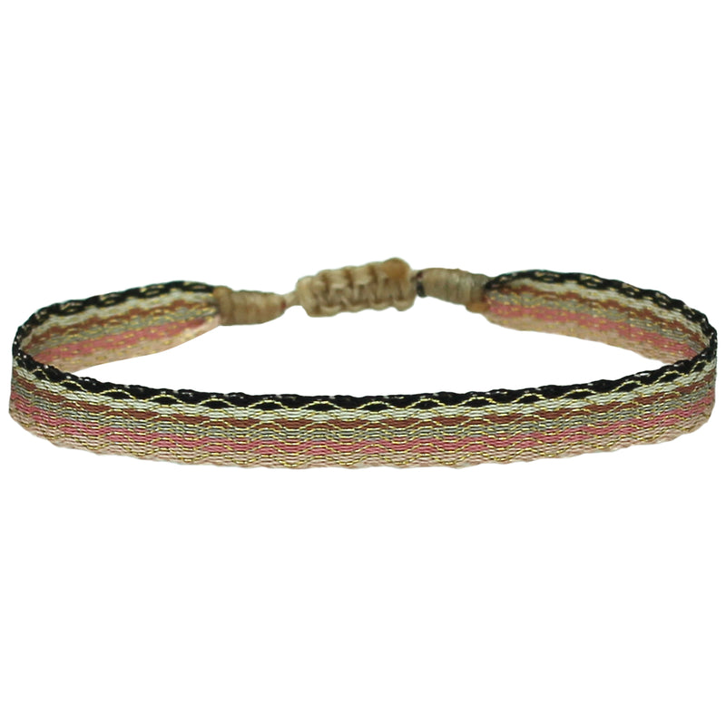 BASIC HANDWOVEN BRACELET IN TONES OF PINK, GOLD & BLACK