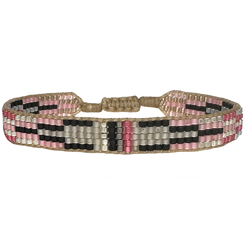 HANDMADE GLASS BEADS BRACELET IN PINK, GREY AND BLACK TONES