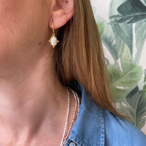 BEAUTIFUL OVAL DROP PEARL EARRINGS ON MODEL