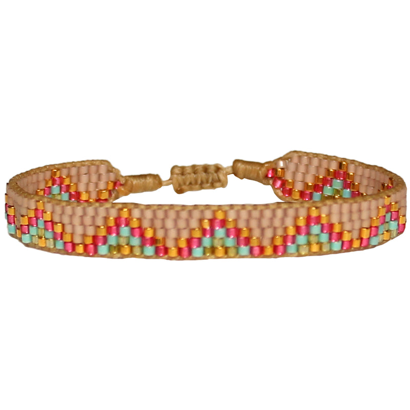 HANDMADE GLASS BEADS BRACELET IN PINK AND GOLD TONES