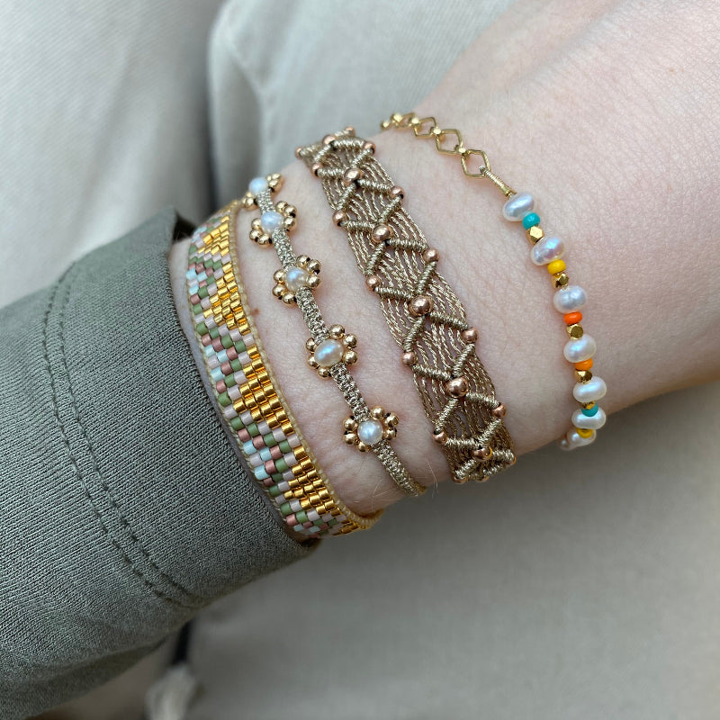 Hanauma Gold Chain, Pearls And Colourful Beads Handwoven Bracelet