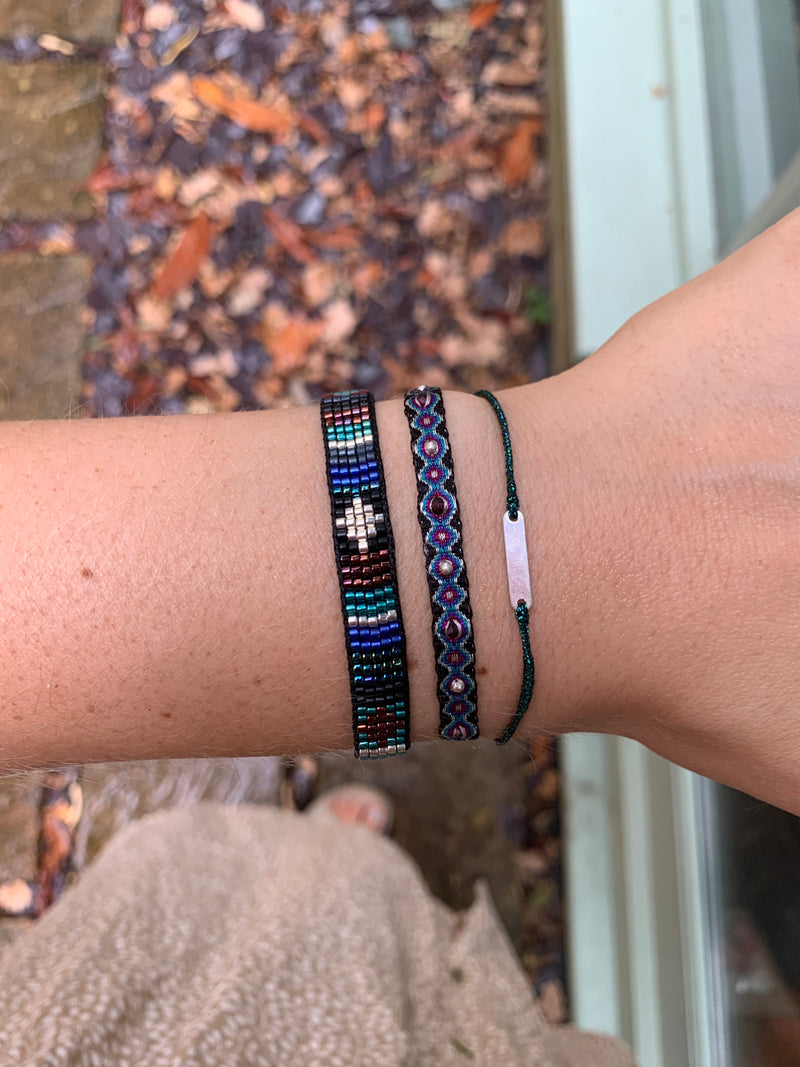 SET OF THREE HANDWOVEN BRACELETS IN BLACK AND BLUE TONES