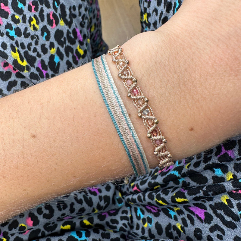 BASIC HANDWOVEN  BRACELET IN GOLD, TURQUOISE AND PINK TONES