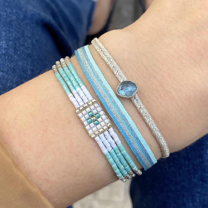 STRIPED HANDMADE BASIC BRACELET IN BLUE TONES AND SILVER