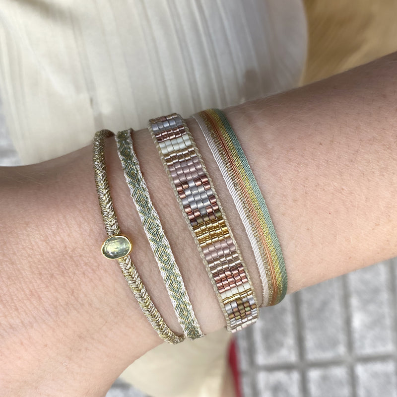 STRIPED BASIC HANDWOVEN SPARKLE BRACELET WITH GOLD, GREEN AND ORANGE