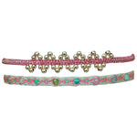 SET OF TWO HANDMADE BEADED BRACELETS WITH MIXED STONES IN GOLD AND PINK TONES