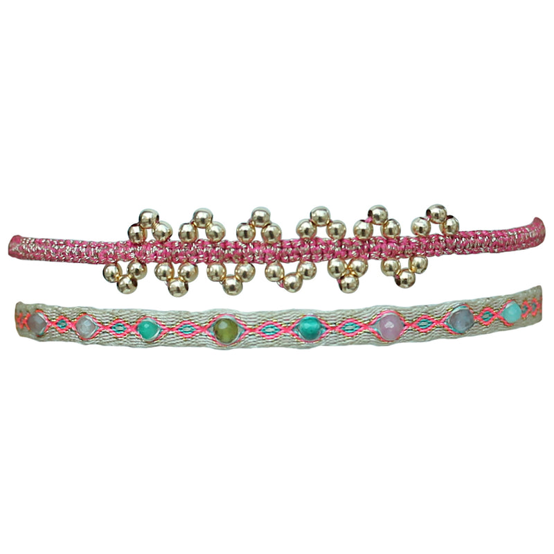 SET OF TWO HANDMADE BEADED BRACELETS WITH MIXED STONES IN GOLD AND PINK TONES