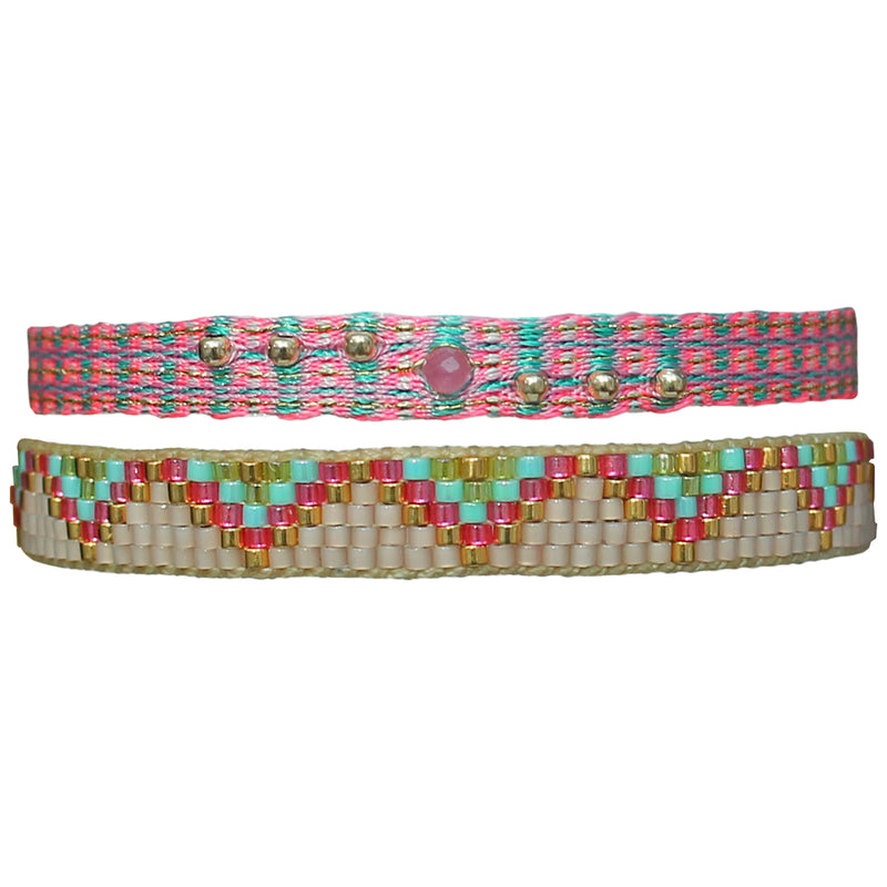 BRIGHT PINK SET OF TWO HANDMADE BEADED BRACELETS WITH PINK TOURMALINE STONE