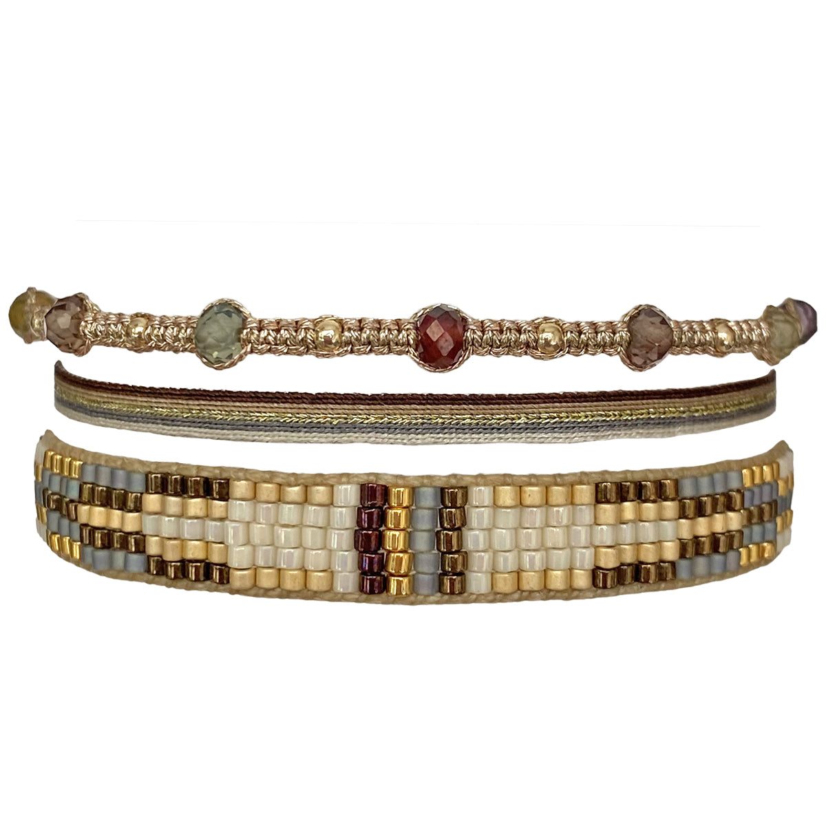      Intermixed Semi-precious stones     14 k gold filled beads     Glass beads     polyester threads,     Handwoven adjustable bracelets     Width, 8mm, 3mm, 3mm     Can be worn in the water