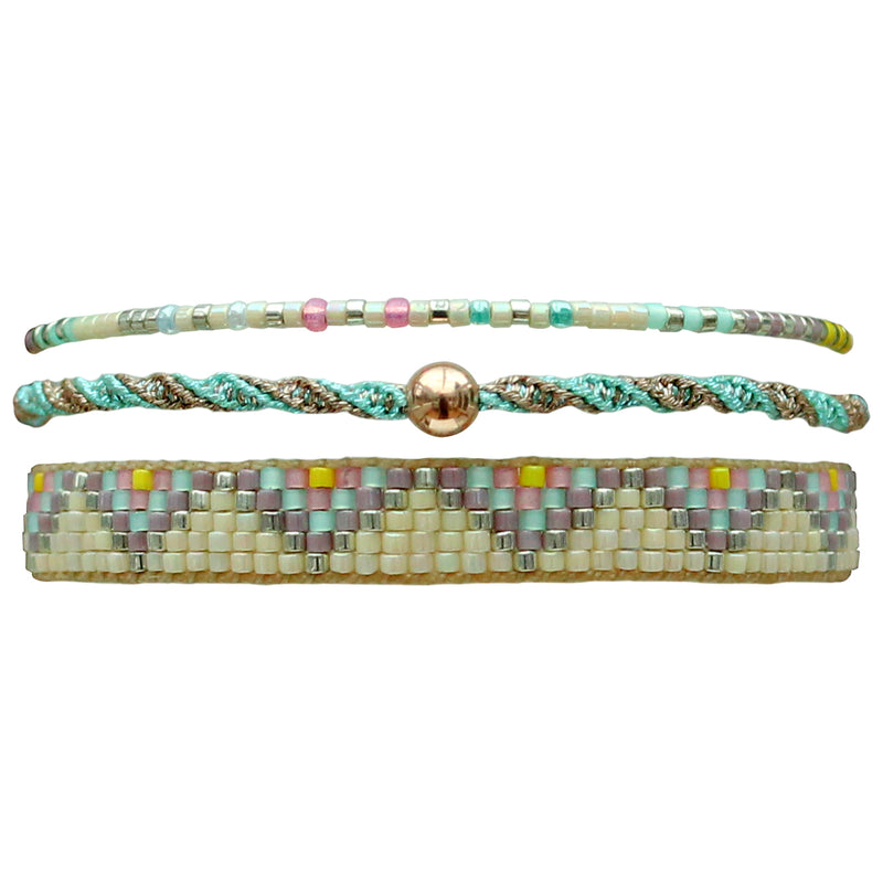 SET OF THREE HANDMADE BRACELETS WITH TURQOUISE THREADS AND MULTICOLORED BEADS