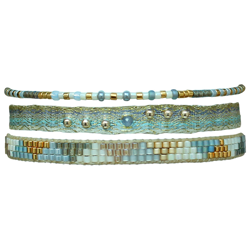 HANDMADE SET OF THREE BRACELETS IN BLUE & GOLD TONES