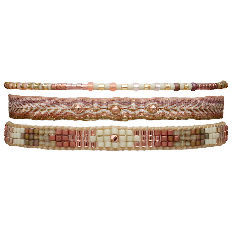 SET OF THREE BEIGE AND PINK HANDMADE BRACELETS