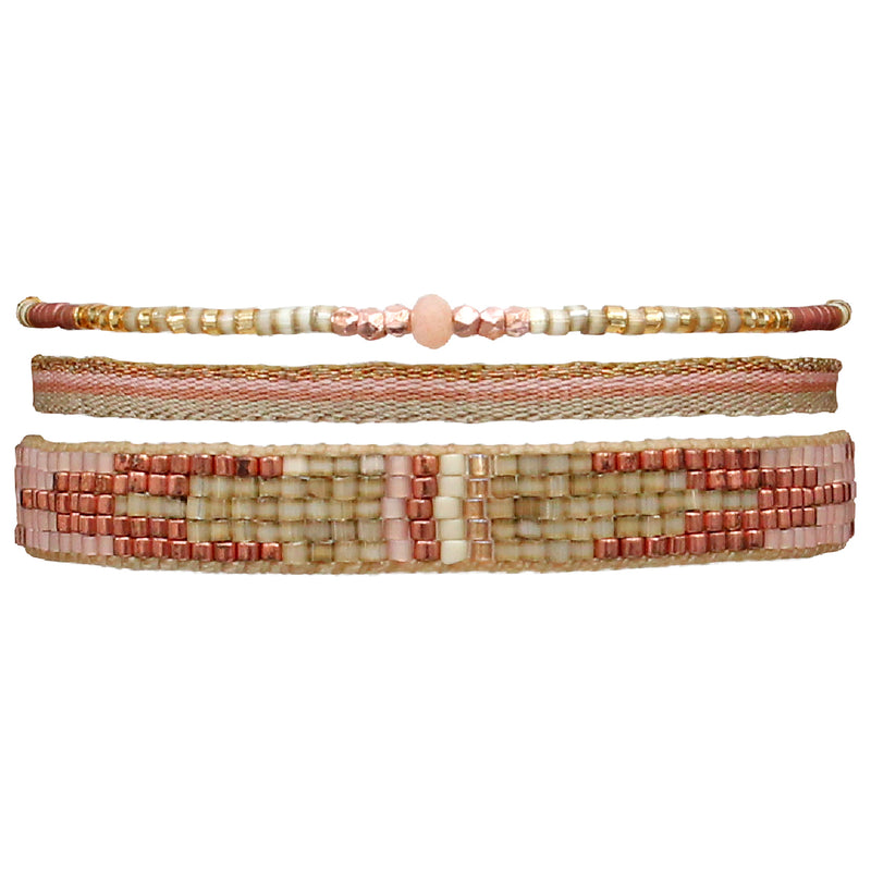 HANDMEADE SET OF THREE NEUTRAL BRACELETS WITH PEACH SUNSTONE