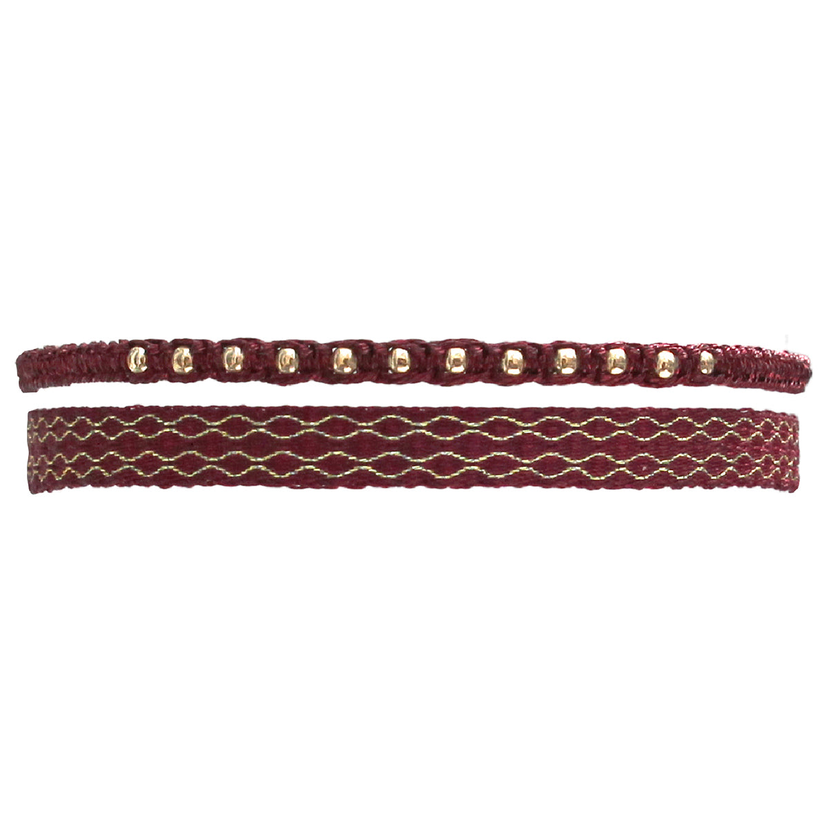 SET OF TWO HANDWOVEN BURGUNDY AND GOLD BRACELETS