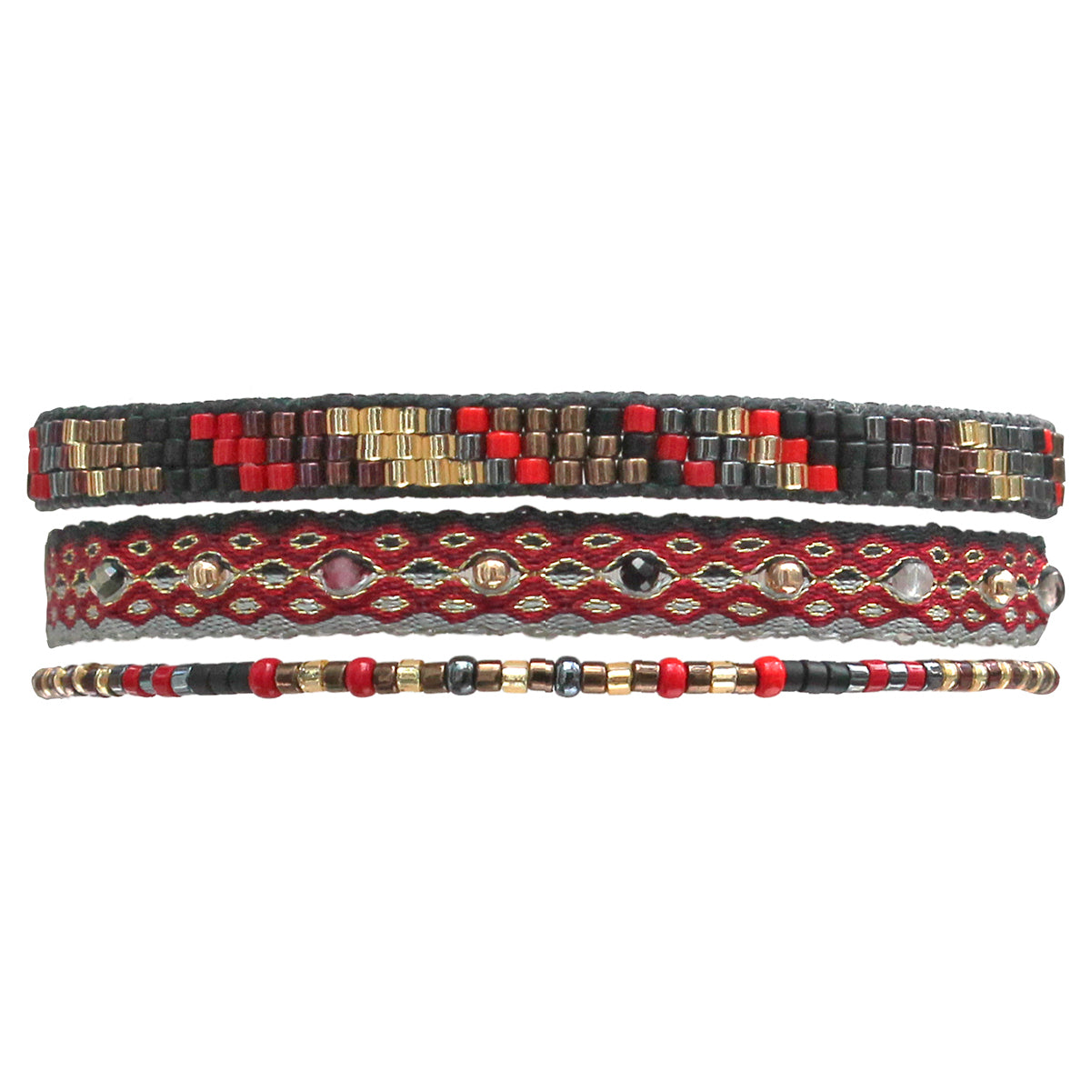 HANDWOVEN SET OF THREE BRACELETS IN RED AND BLACK TONES