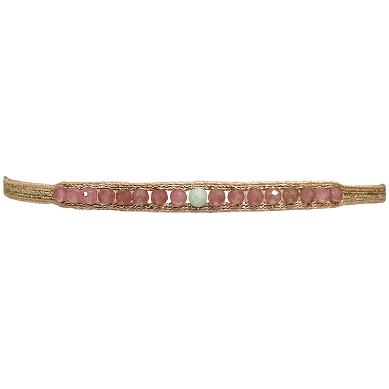 This LeJu bracelet has been handwoven in Colombia by our team of artisans using polyester threads featuring amazonite and pink tourmaline stones.  A delicate bracelet in an elegant design. This handmade beauty is the perfect gift for someone special.  Details:  - Amazonite and pink toumaline semi-precious stones  - Handwoven using polyester threads  - Width 3mm  -Women bracelet  - Adjustable bracelet  -Can be worn in the  water