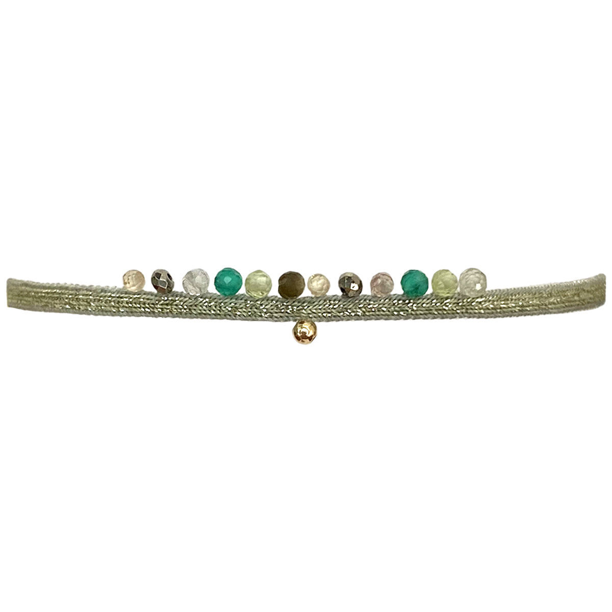 HANDMADE PEACOCK BRACELET IN GREEN TONES FEATURING GEMSTONES DETAIL AND A GOLD BEAD