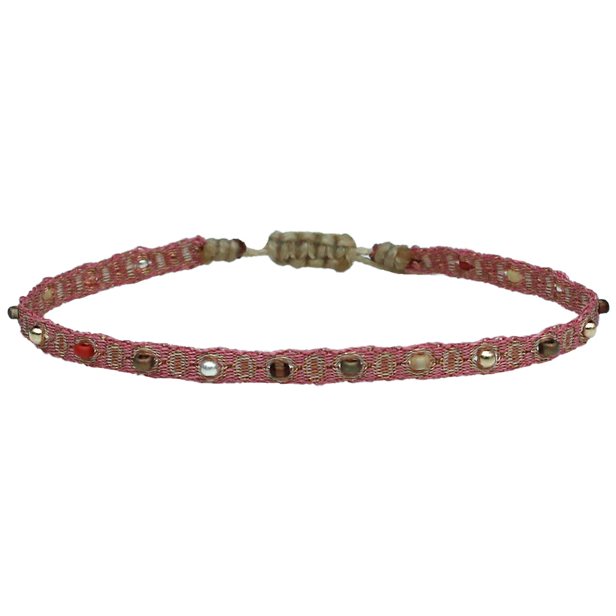 COLOURFUL HANDWOVEN BRACELET IN PINK TONES AND SILVER DETAILS