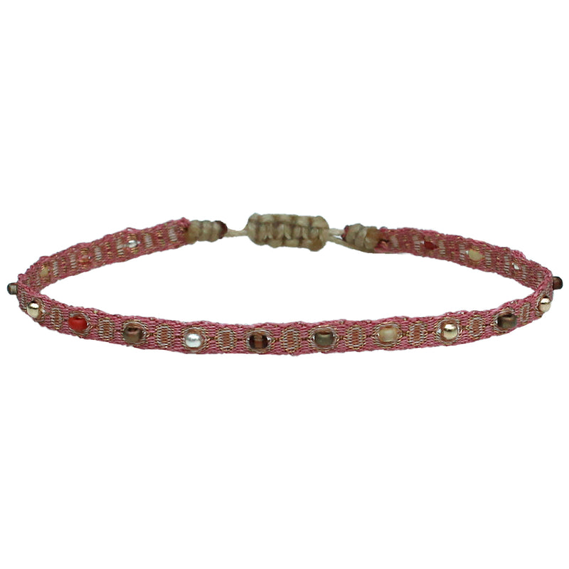 COLOURFUL HANDWOVEN BRACELET IN PINK TONES AND SILVER DETAILS
