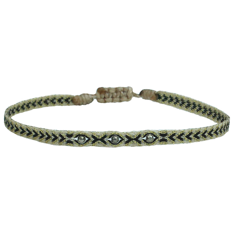 HANDWOVEN THREE STONE BRACELET IN BLACK AND GOLD TONES