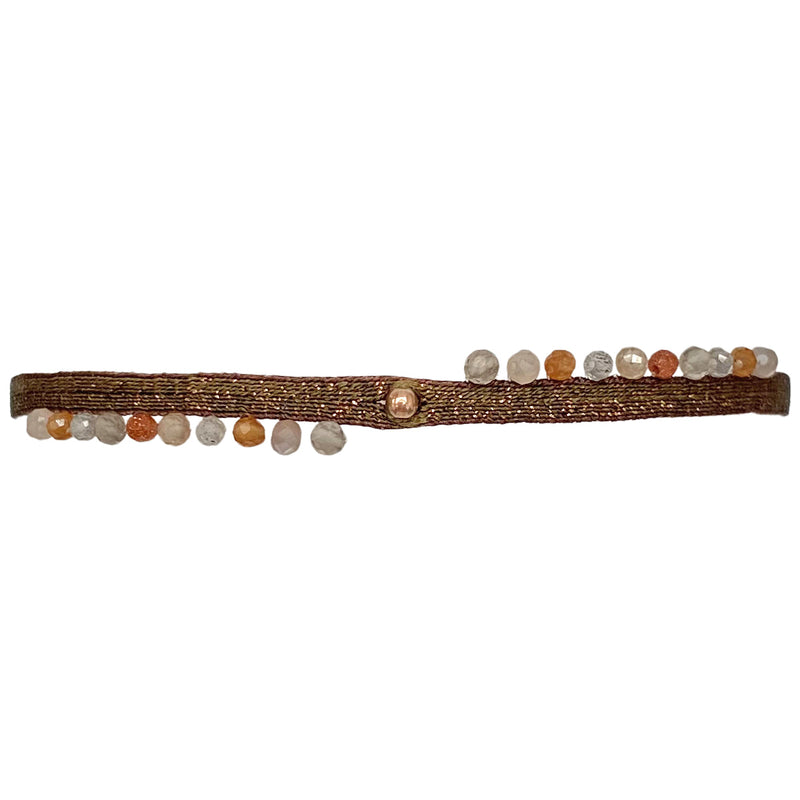 '- Intermixed semi-precious stones  - 14K Rose gold filled bead  - Handwoven using metallic threads  - Width 3mm  -Women bracelet  - Adjustable bracelet  -Can be worn in the  water
