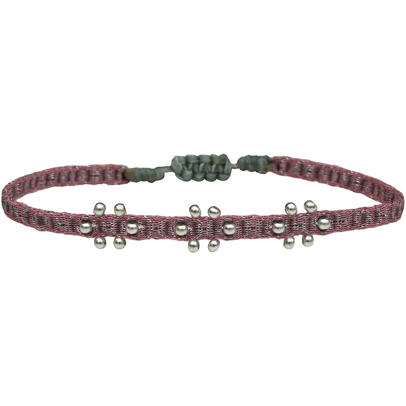HANDWOVEN 3 FLOWER BRACELET WITH SILVER DETAILS IN PINK TONES