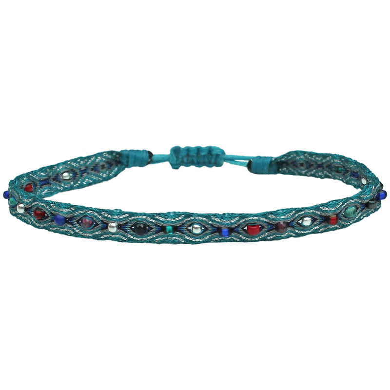 COLOURFUL HANDWOVEN BRACELET IN AQUA TONES AND SILVER DETAILS