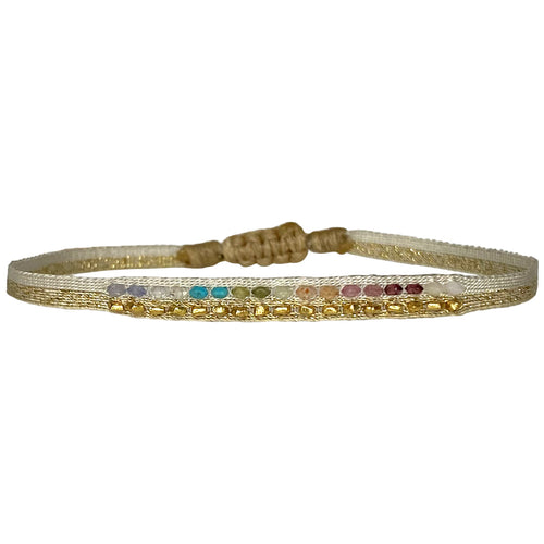 This LeJu bracelet has been handwoven in Colombia by our team of artisans using polyester threads in gold tones and silver tones, vermeil beads and intermixed semi-precious stones that gives you love and confort.  Details:  - Pink tourmaline semi-precious stones  - Gold vermeil beads  - Handwoven using polyester threads  - Width 4mm  -Women bracelet  - Adjustable bracelet  -Can be worn in the  water