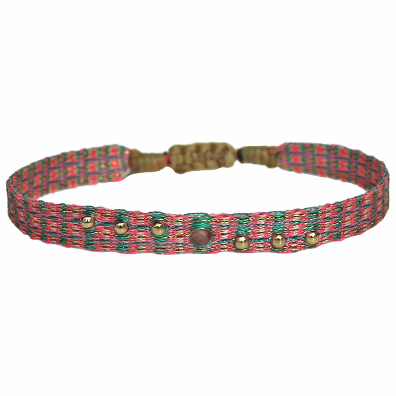 HANDMADE JESTIC BRACELET IN PINK, TURQUOISE AND GOLD WITH PINK TOURMALINE CENTRE STONE