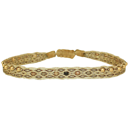 This beautiful handwoven bracelet features a mix of 14k  gold filled beads and semi precious stones. The pink tones and delicate pattern in this bracelet can be worn all season.  This bracelet can be worn alone or stacked with your favourite pieces.  Details:      24 14k Gold filled beads     6 Semi Precious stones     Handwoven adjustable bracelet     Width 6mm