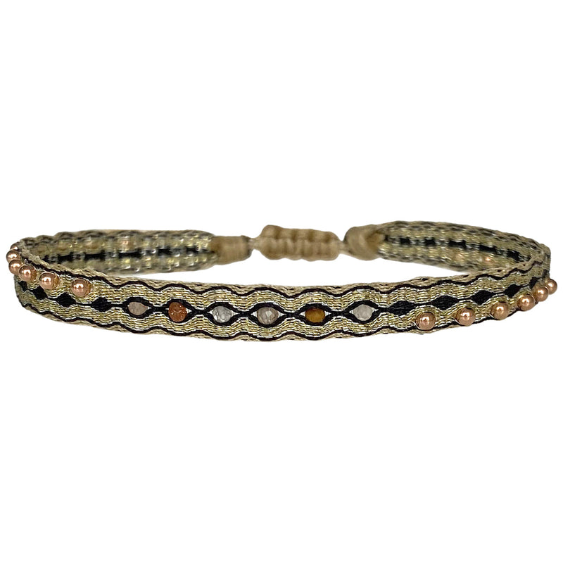     24 14k Gold filled beads     6 Semi Precious stones     Handwoven adjustable bracelet     Width 6mm