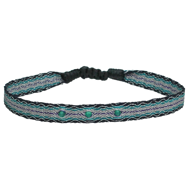 HANDWOVEN BRACELET WITH IN BLACK TONES THREE GREEN ONYX STONES