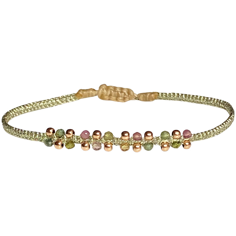 HANDMADE NORA BRACELET IN METALLIC GREEN WITH WATERMELON TOURMALINE SEMI-PRECIOUS STONES