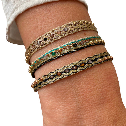 MAJESTIC HANDWOVEN BRACELET FEATURING INTERMIXED SEMI-PRECIOUS STONES AND GOLD BEADS