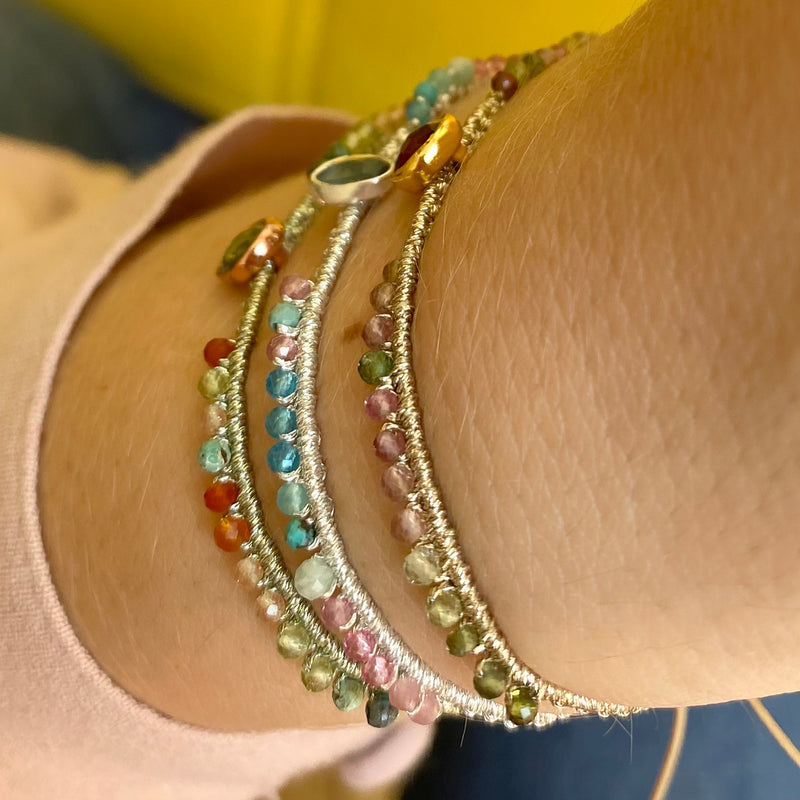 HANDMADE PEACOCK GREEN KYANTINE STONE BRACELET ON MODEL