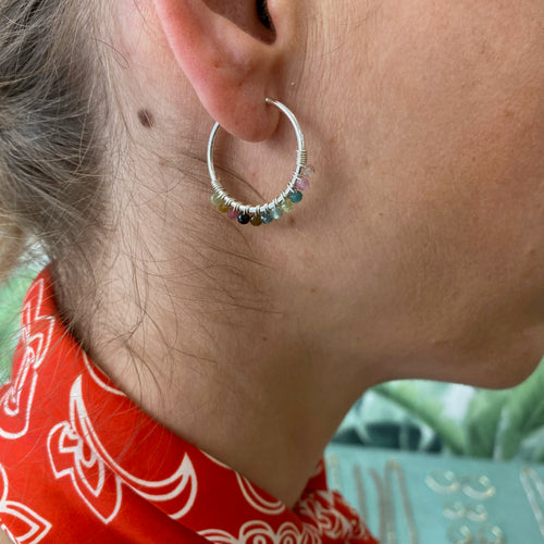 SMALL SILVER KIARA EARRINGS WITH INTERMIXED STONES ON MODEL