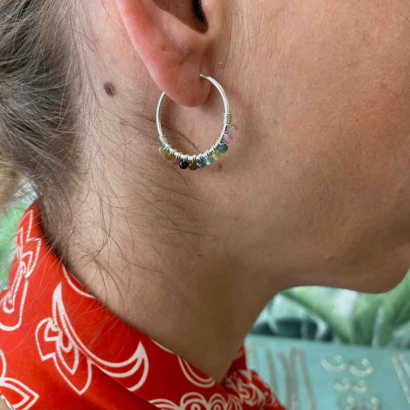 SMALL SILVER KIARA EARRINGS WITH INTERMIXED STONES ON MODEL