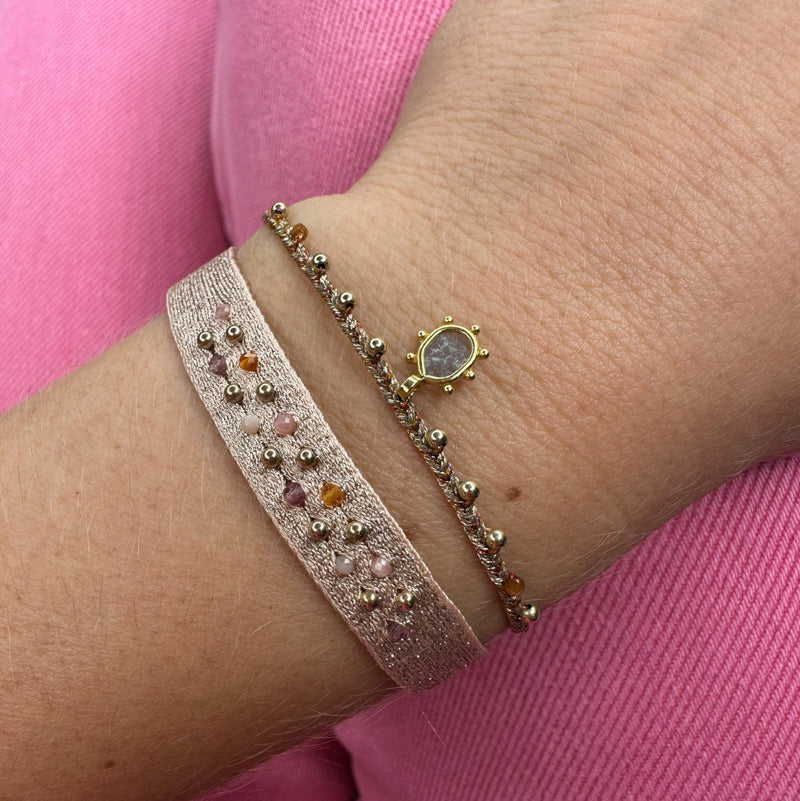   - Handwoven using Polyester  -Semi-precious stones  -14  gold filled beads  - Can be worn in the water - Width 8 mm -Adjustable bracelet -Women bracelet