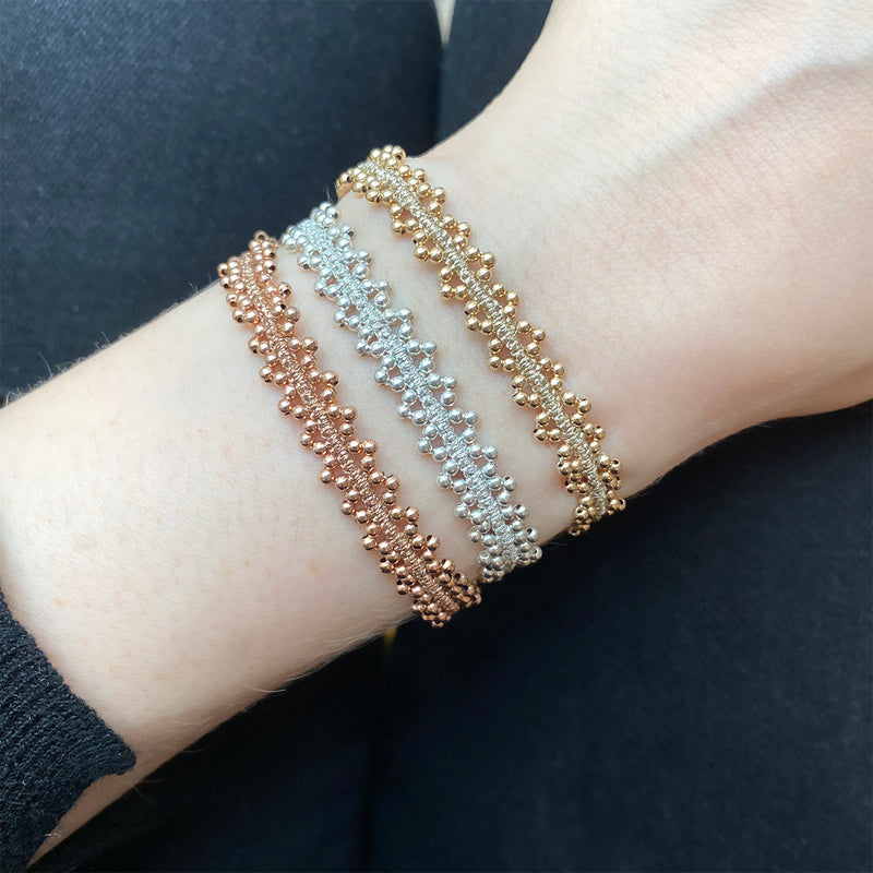 HANDMADE DAHLIA BRACELET IN GOLD ON MODEL