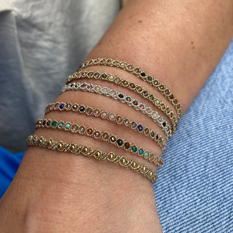 HANDWOVEN COLOR-LUSH BRACELET IN ROSE GOLD TONES FEATURING GEMSTONES DETAIL